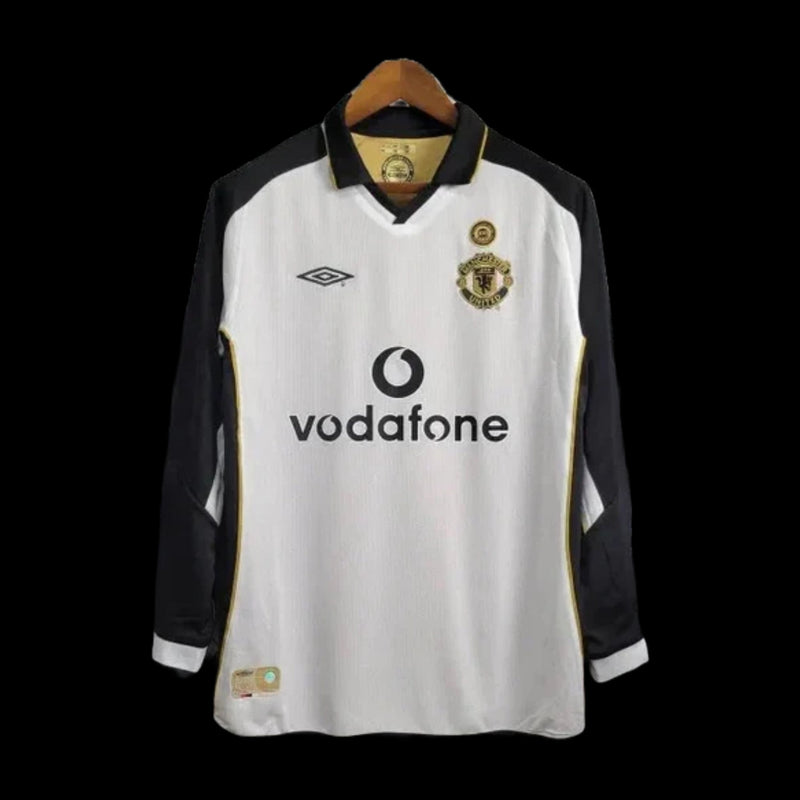 Manchester United 100 Years Retro Edition 2001/02 Shirt - Men's White, Black and Gold Long Sleeve Fan Shirt - Double Sided