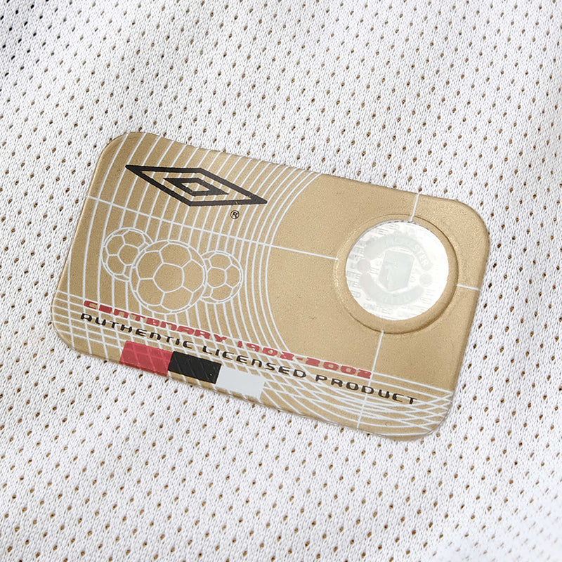 Manchester United 100 Years Retro Edition 2001/02 Shirt - Men's White, Black and Gold Long Sleeve Fan Shirt - Double Sided