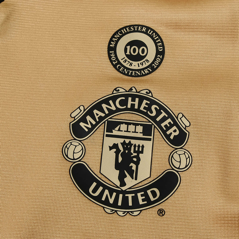 Manchester United 100 Years Retro Edition 2001/02 Shirt - Men's White, Black and Gold Long Sleeve Fan Shirt - Double Sided