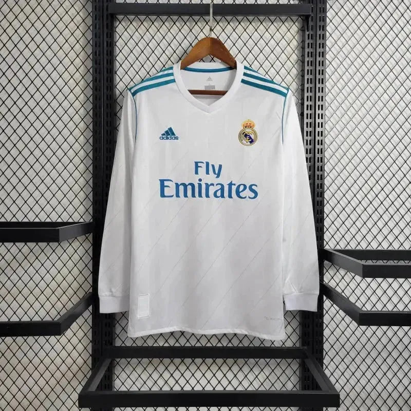 Real Madrid Home Retro Shirt 2017/18 - Men's White and Blue Fan Shirt Long Sleeve