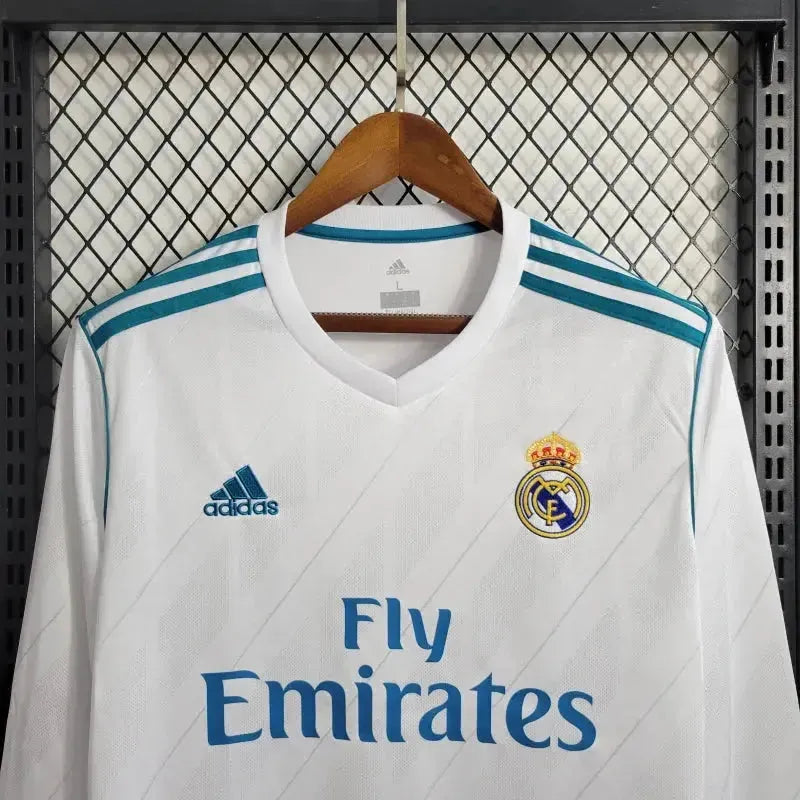 Real Madrid Home Retro Shirt 2017/18 - Men's White and Blue Fan Shirt Long Sleeve