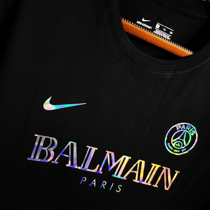 BALMAIN Men's Reflective PSG Fan Shirt - Black